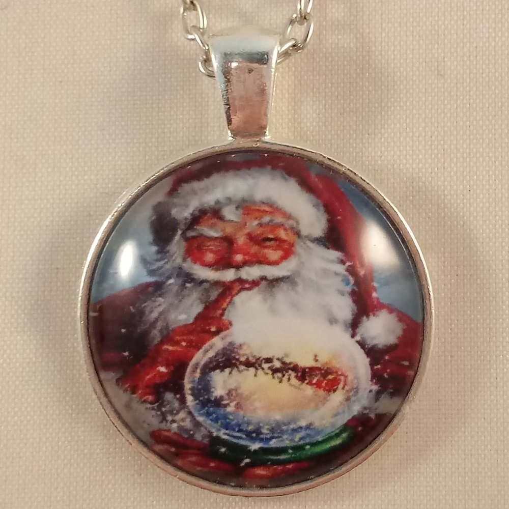 Silver Santa Claus Cabochon Pendant Necklace 20" Party Gift